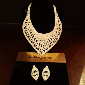 Silver Crystal Wedding Necklace Earrings Set, New